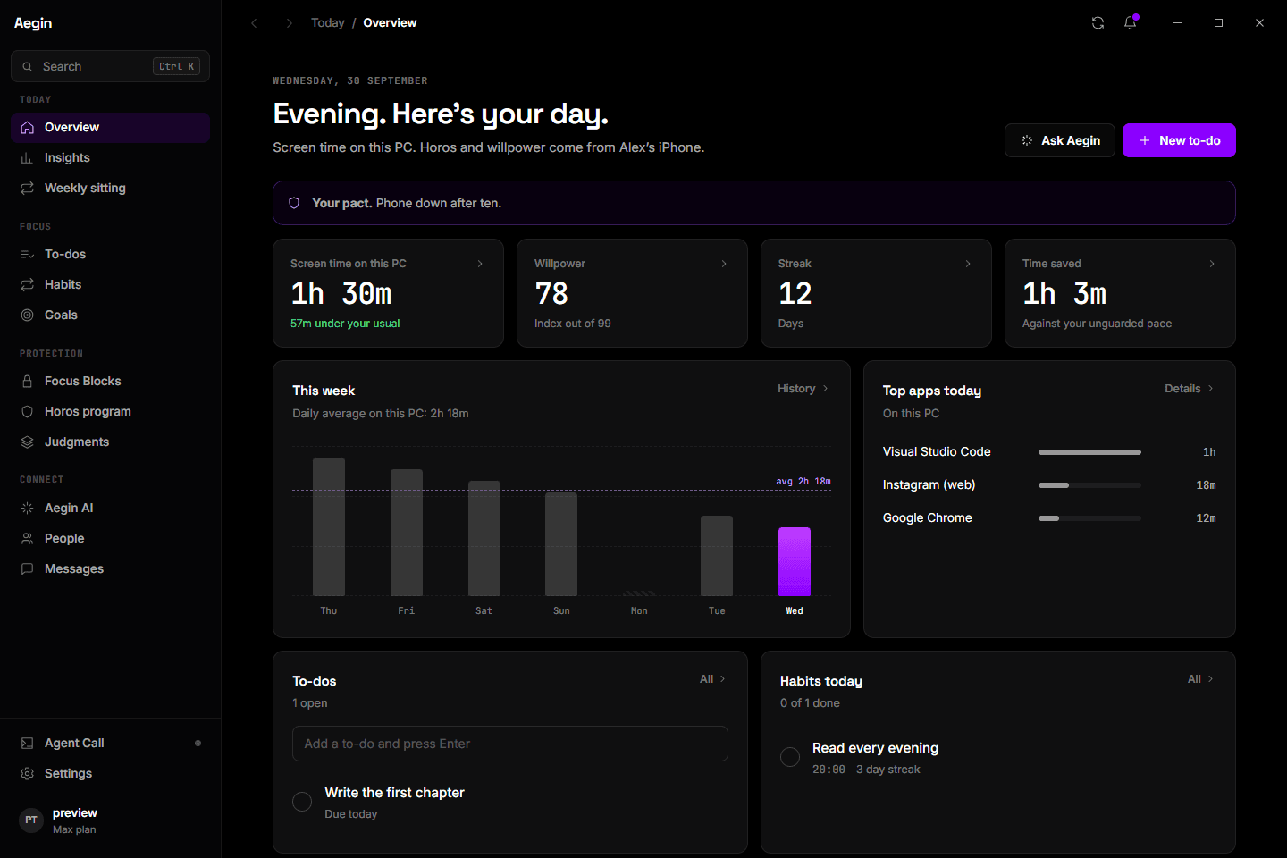 Aegin Desktop on the Overview screen, showing screen time on this PC, willpower, streak and time saved.